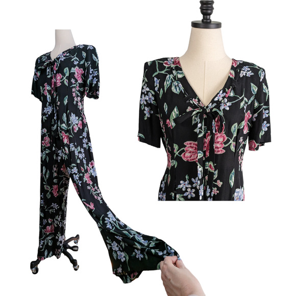 Vintage 90s Jumpsuit Palazzo Pants One Piece Floral Wide Leg Tie Grunge Black 8 - Picture 1 of 15
